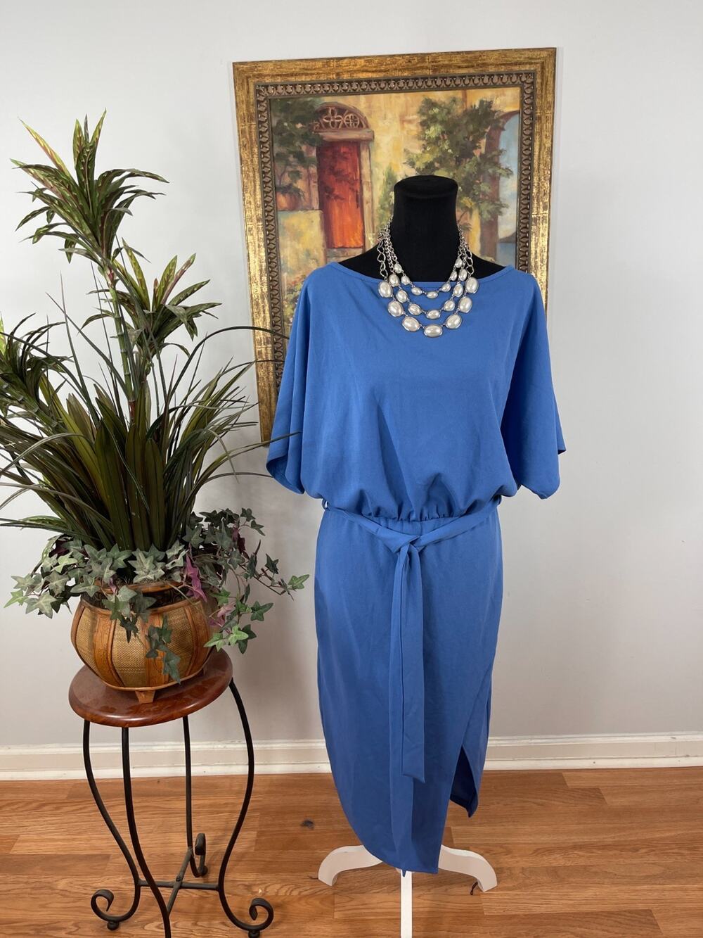 Fashion Nova Midi Dress Women's L Blue Surplice Hem Contemporary Minimalist